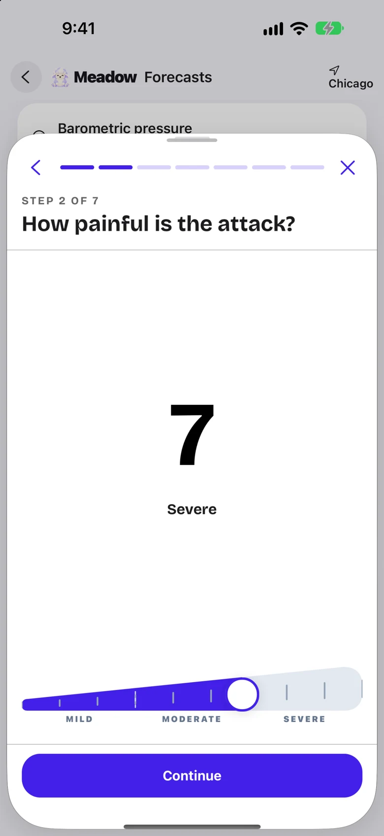Meadow attack log with pain rating, head map, and symptoms