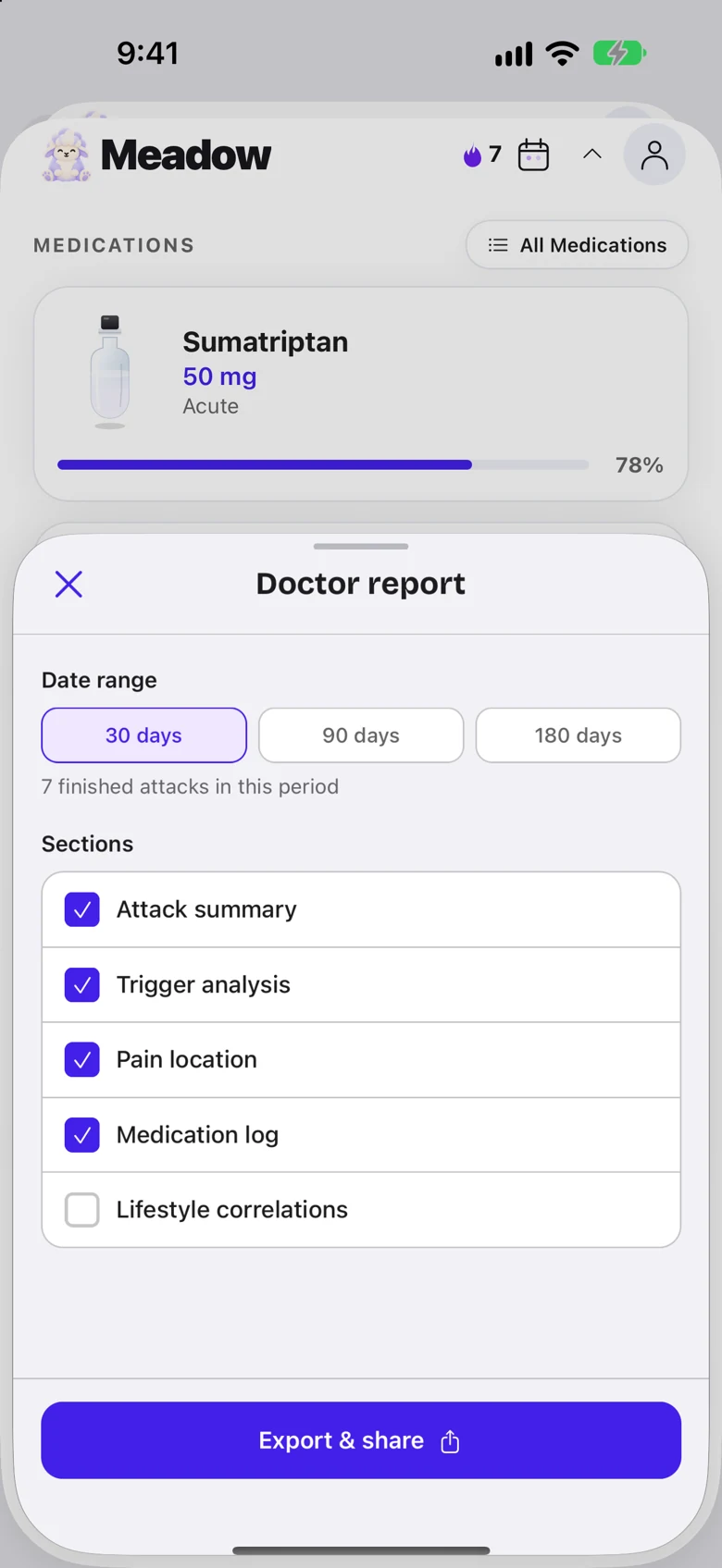 Meadow doctor report builder with 30, 90 or 180 day ranges